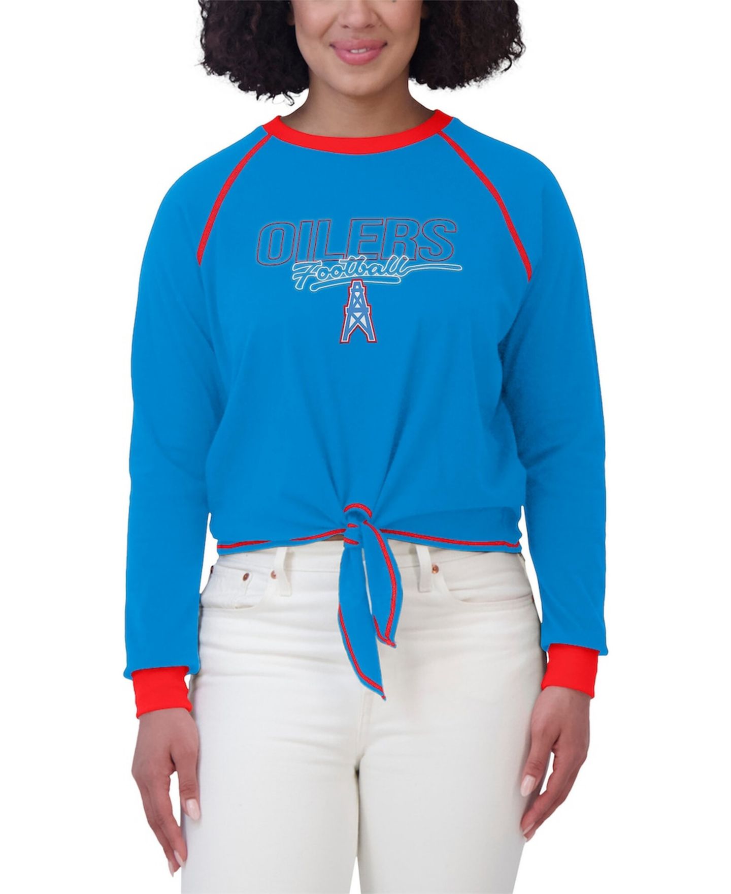 Женская футболка WEAR by Erin Andrews Light Blue Houston Oilers Tie-Front Long Sleeve — фото 4