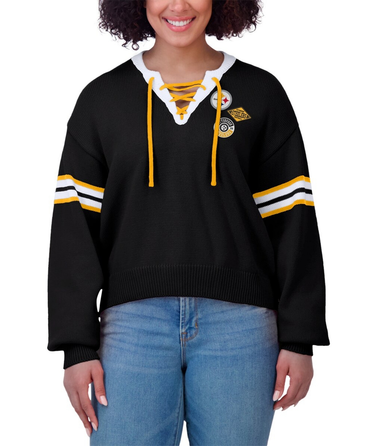 Wear by Erin Andrews Women's Black Pittsburgh Steelers Lace-Up Sweater