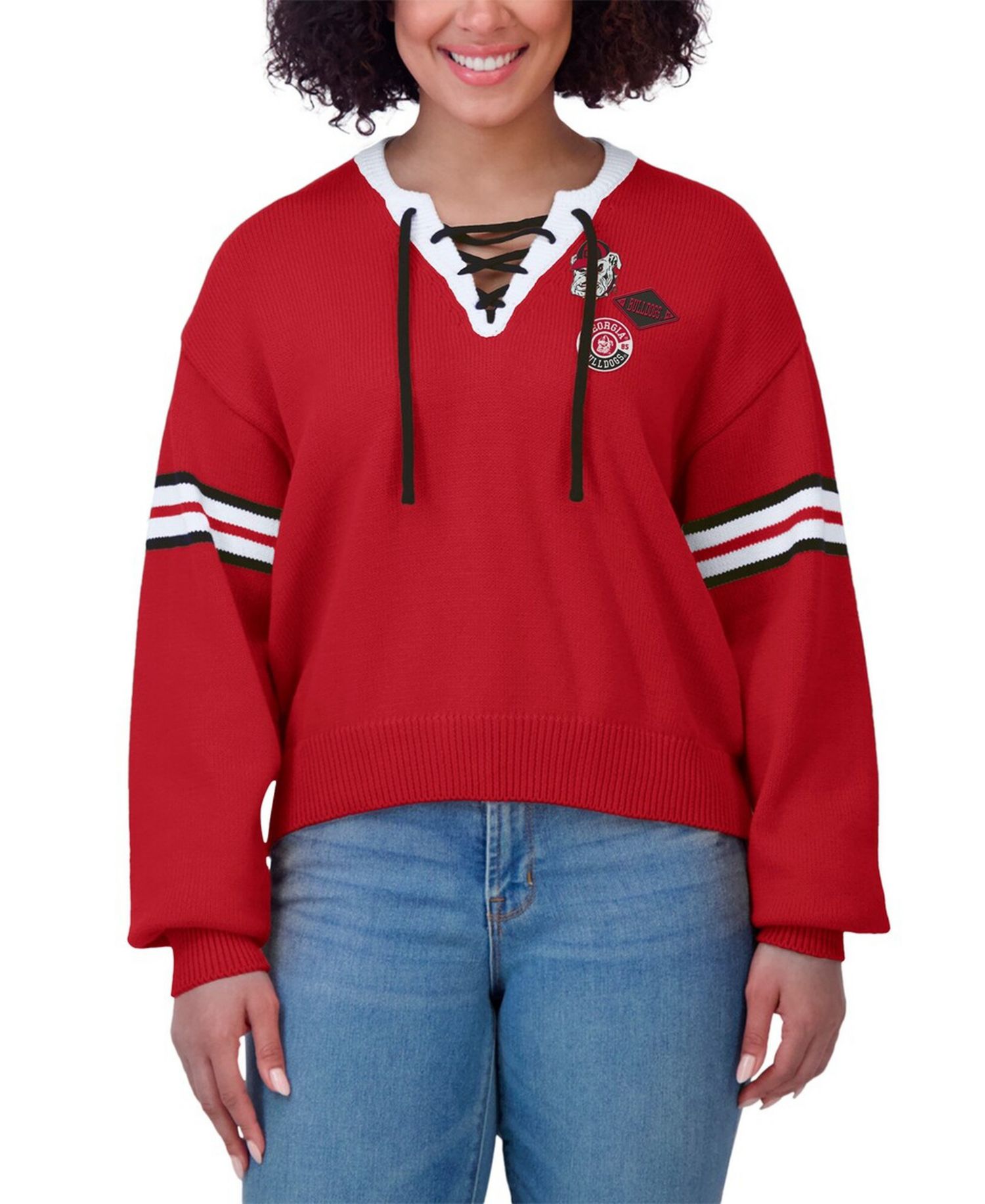 Women's Red Georgia Bulldogs Lace-Up Pullover Sweater