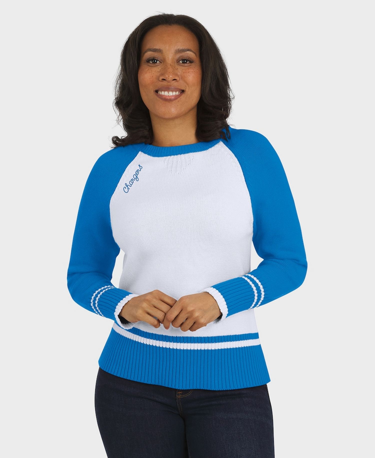 Women's White/Powder Blue Los Angeles Chargers Colorblock Raglan Sweater