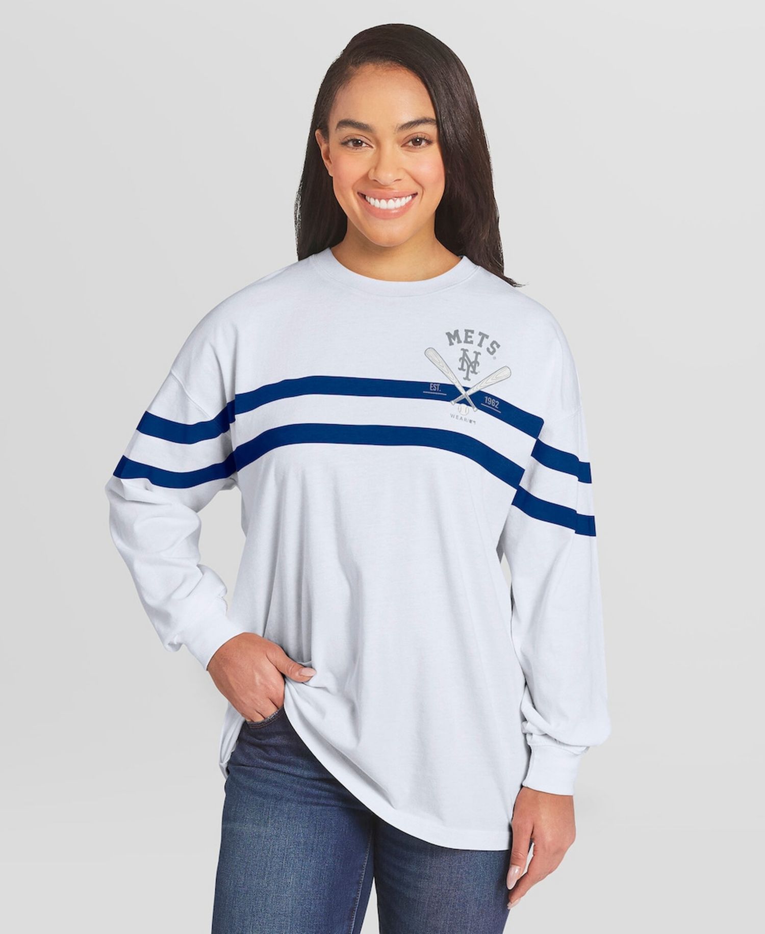 Women's White New York Mets Oversized Long Sleeve Striped T-Shirt