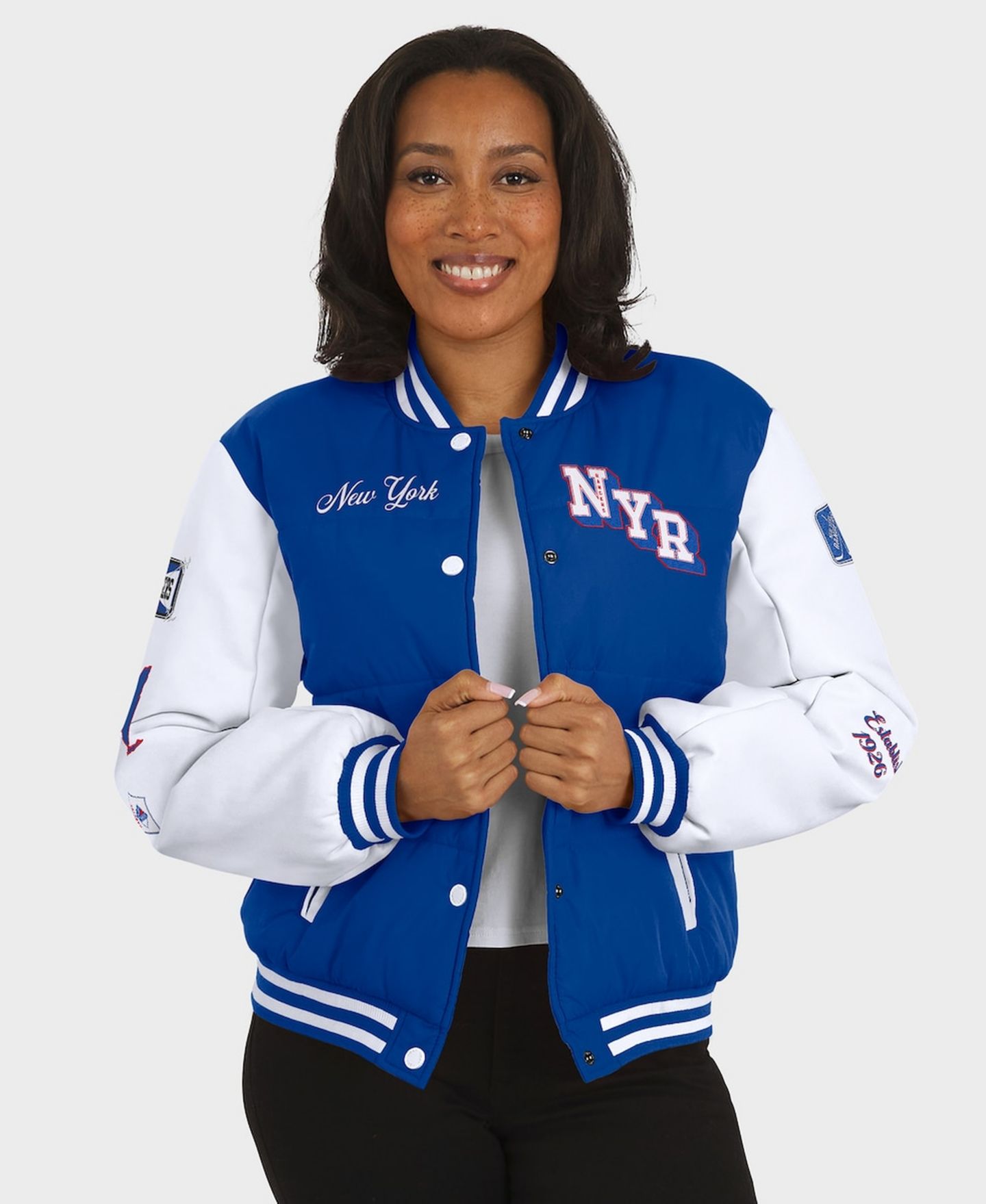 Женская куртка WEAR by Erin Andrews Blue/White New York Rangers Varsity Full-Snap Puffer — фото 4