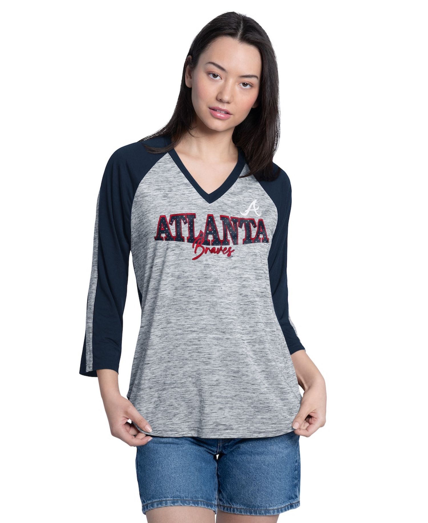 Women's Navy/Heather Navy Atlanta Braves Speed Training 3/4-Sleeve Rhinestone V-Neck T-Shirt