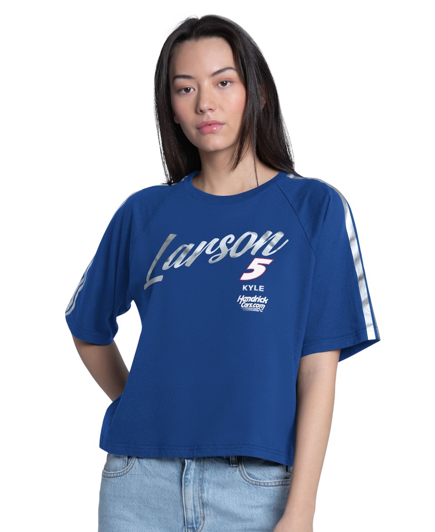 Women's Royal Kyle Larson Raglan Cropped Classic Play Silver Trim T-Shirt
