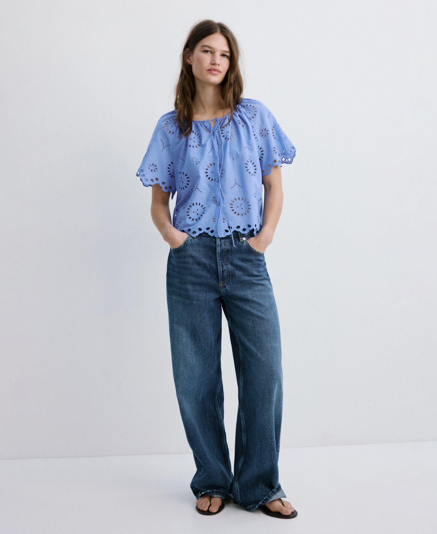 Женская блузка Mango 100% Cotton Openwork Embroidery, цвет: Синий — фото 2