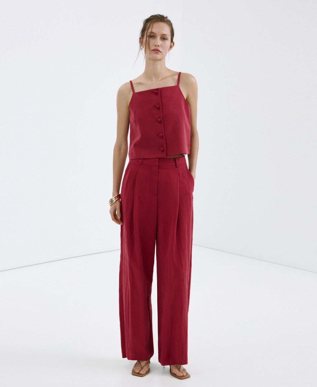 Mango Square Neck Button Front Top In Red
