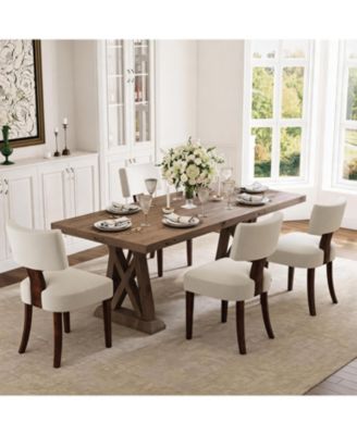 Set of 4 Dining Chairs, 19 Inch Chenille Upholstered Chairs with Curved Back and Brown Wood Legs for Dining Room