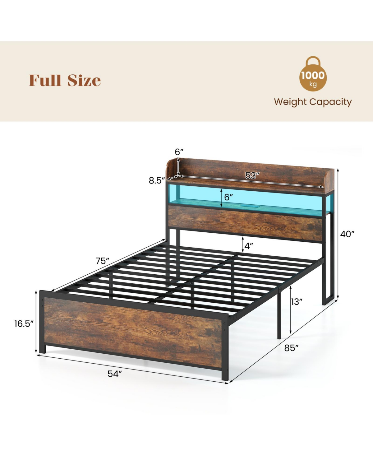 Slickblue Storage Headboard Bed Frame with Led Lighting and Usb Power Ports