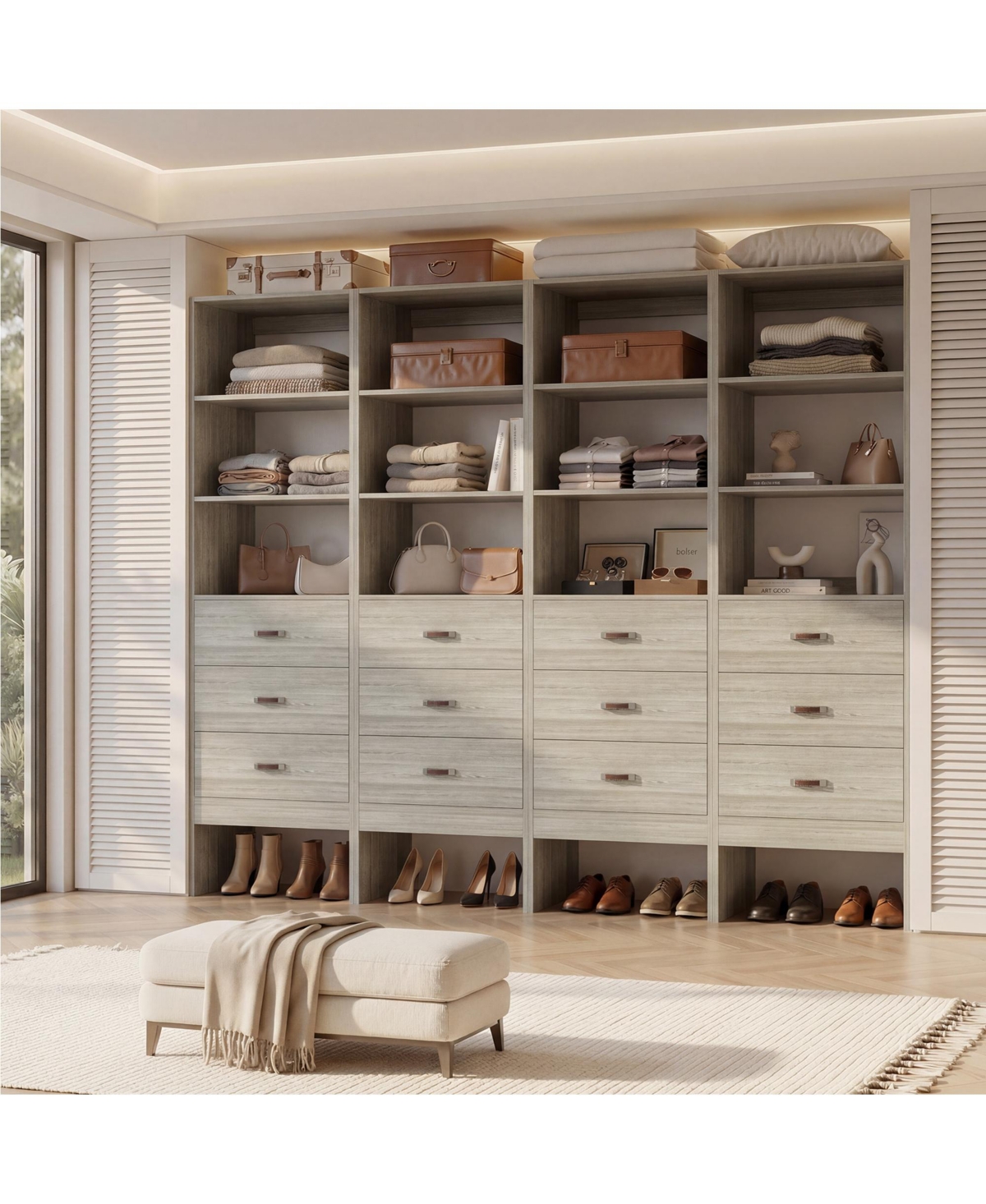 Aheaplus Bookshelf Cabinet with 3-Drawers and Shelves, Wooden Closet Organizer