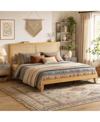 Boho Bed Frame, Rattan Headboard Bed Frame With Led Lights, Noise-Free Platform Light Wood Bed Frame
