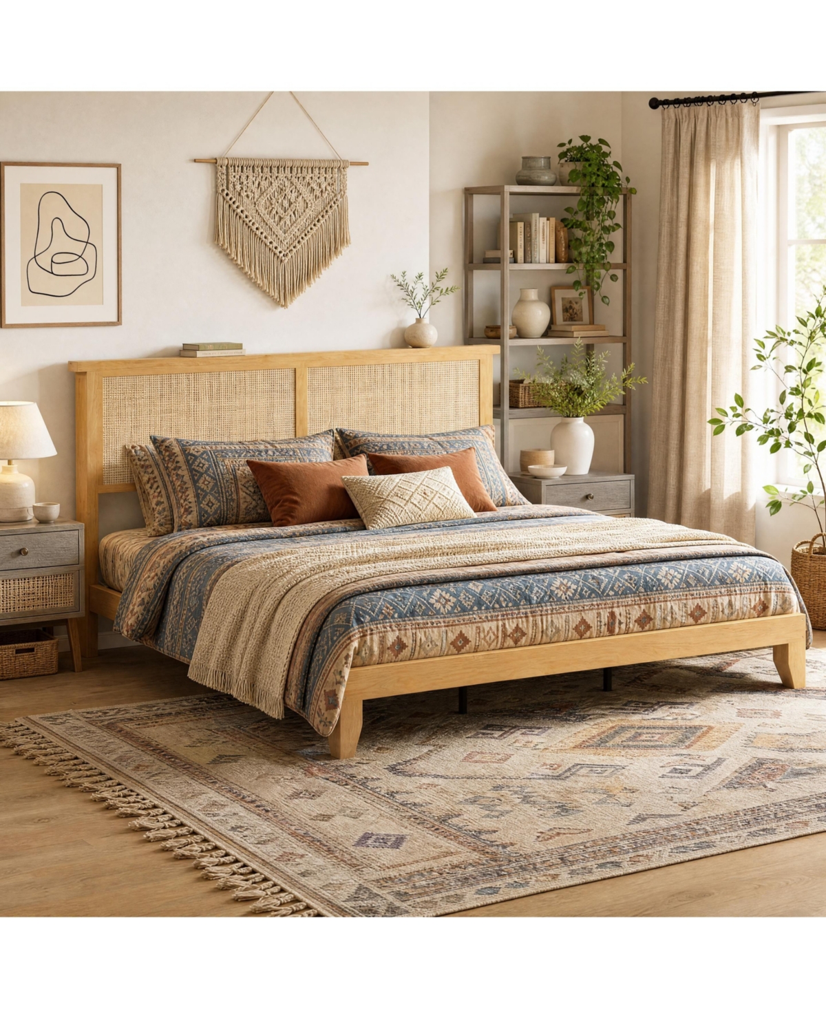 Gaomon Boho Bed Frame, Rattan Headboard Bed Frame With Led Lights