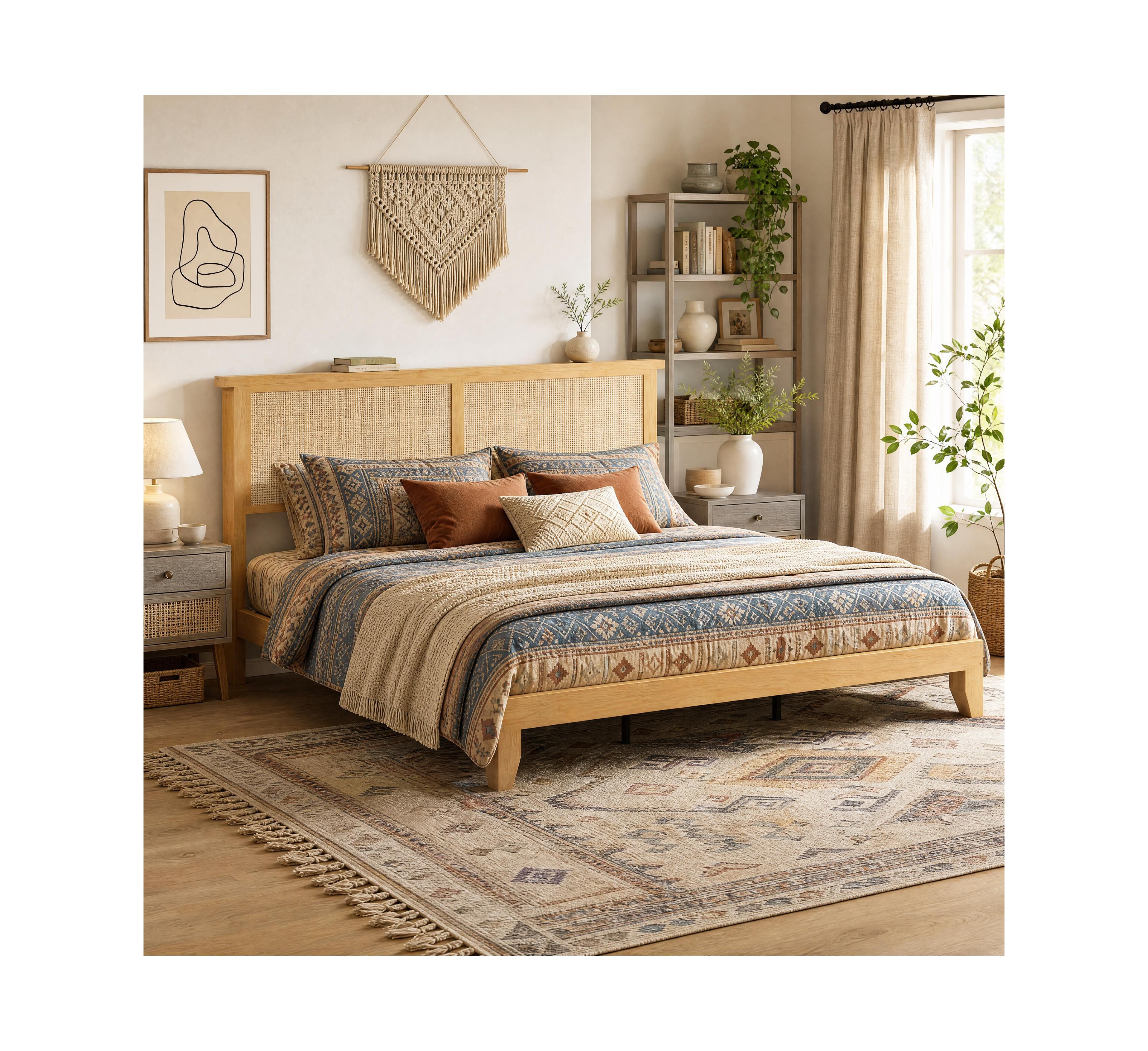 Gaomon Boho Bed Frame, Rattan Headboard Bed Frame With Led Lights, Noise-Free Platform Light Wood Bed Frame