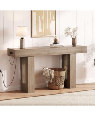 63-Inch Console Table with Charging Station – Narrow Sofa Table for Hallway, Living Room