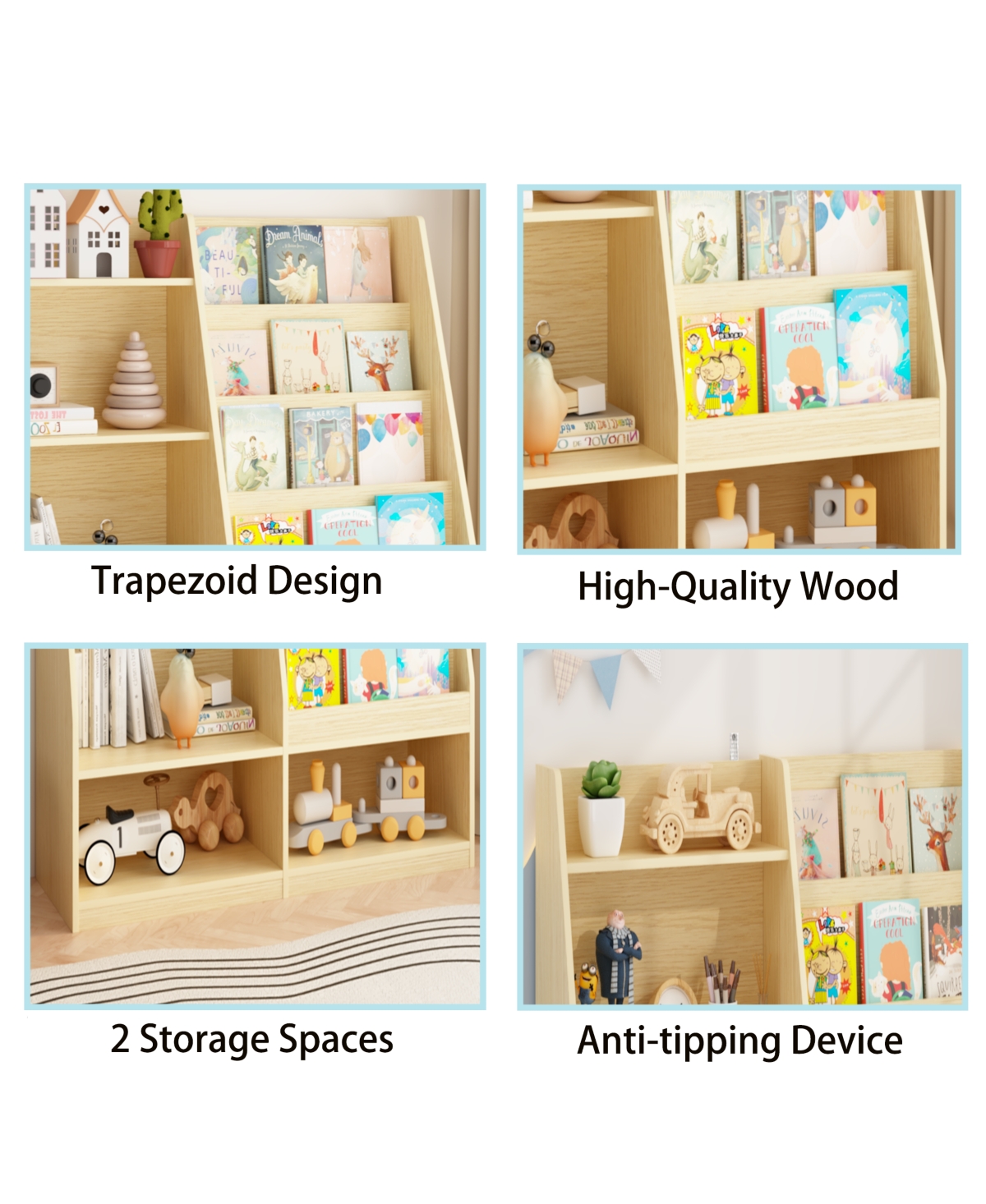 Rainsken Kids Bookshelf and Toy Storage Organizer, 4 Tier Wooden Kids Bookcase with Display Stand for Kids Room, Playroom and Nursery