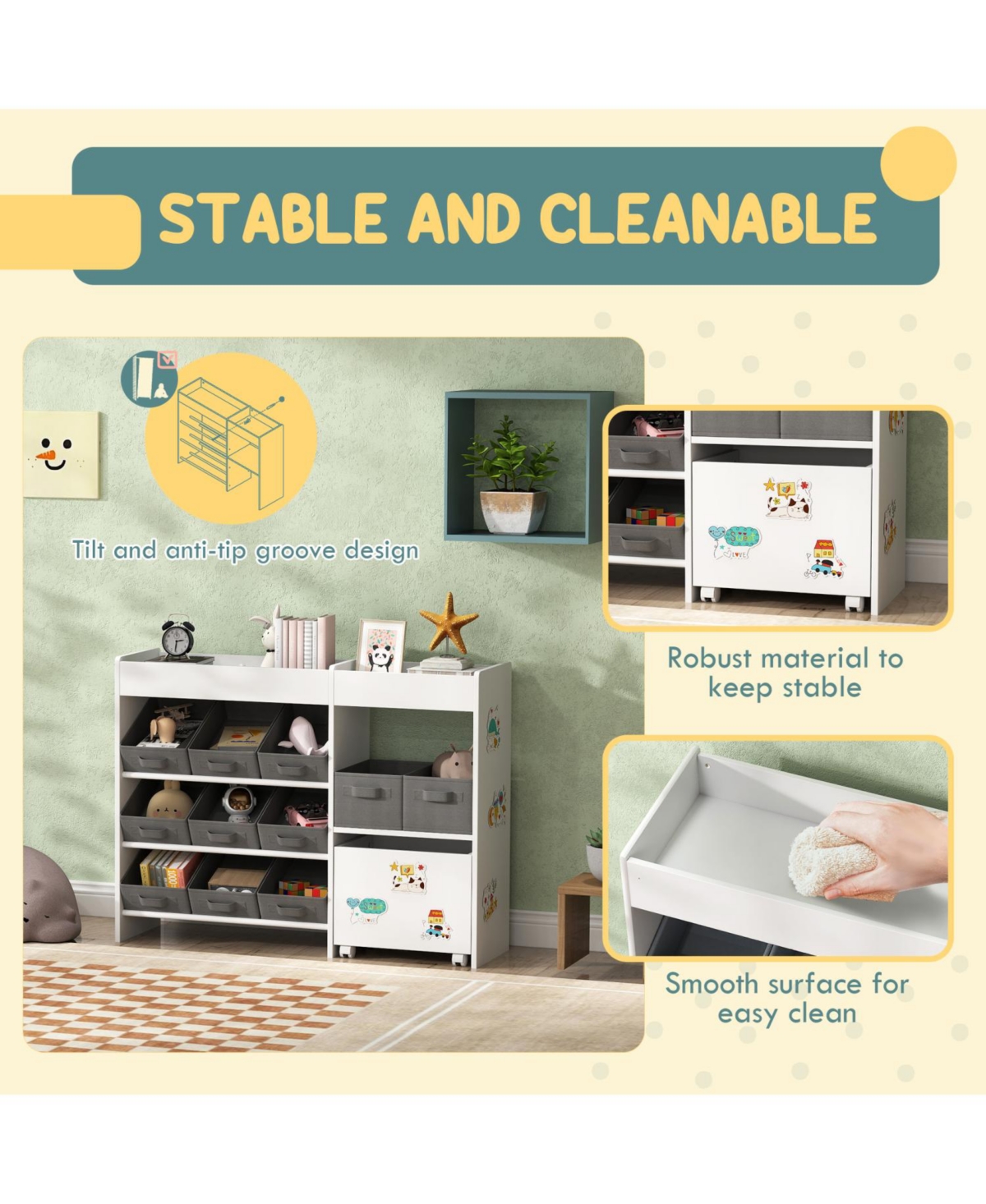 Rainsken Toy Storage Organizer for Kids, with 6 Shelves and 11 Fabric Bins, Moveable Cabinet and 3 Stickers, for Nursery, Playroom, Bedroom