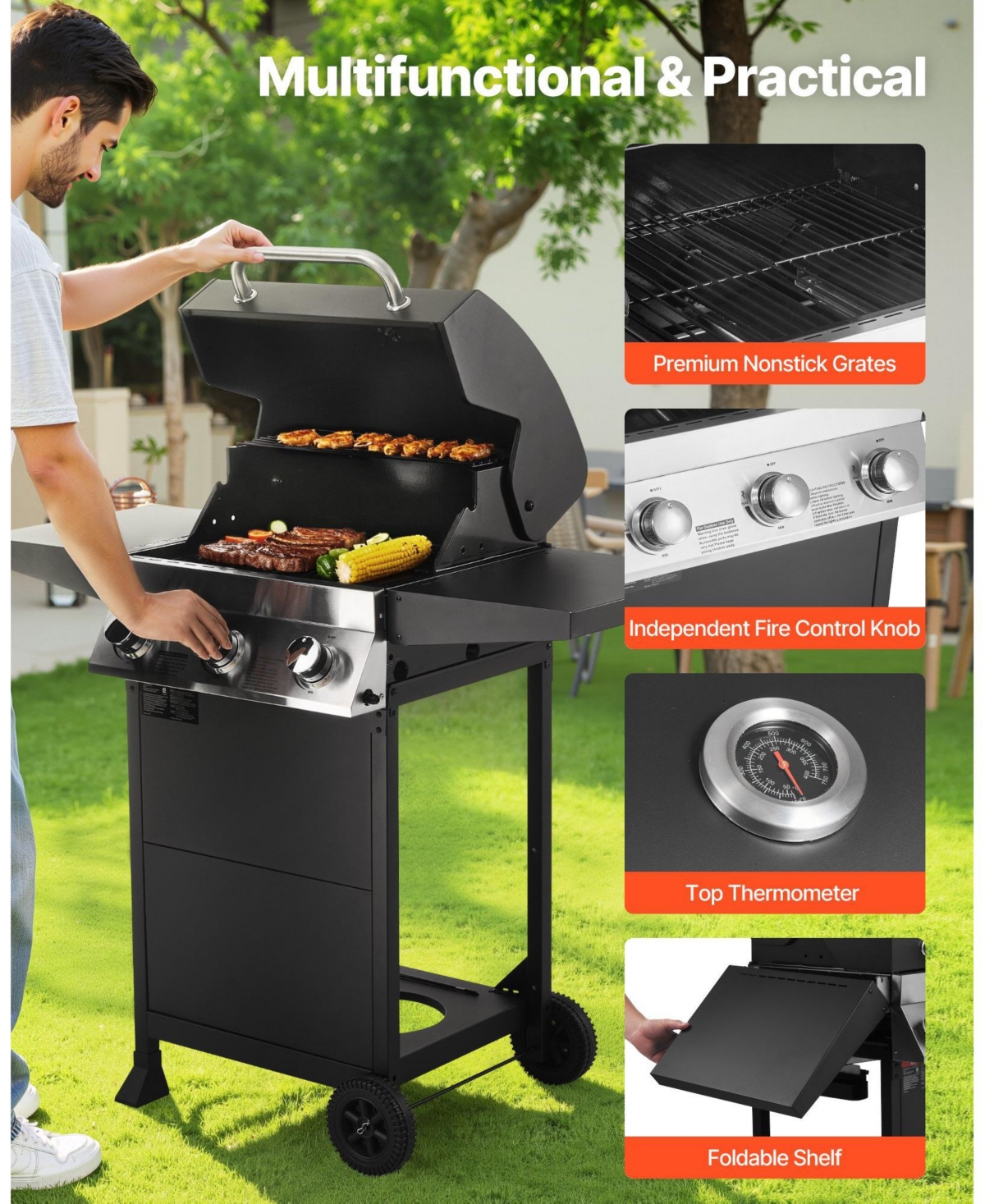 Cozito Gas Grill, 3-Burner Propane Grill with 338 sq in Cooking Area