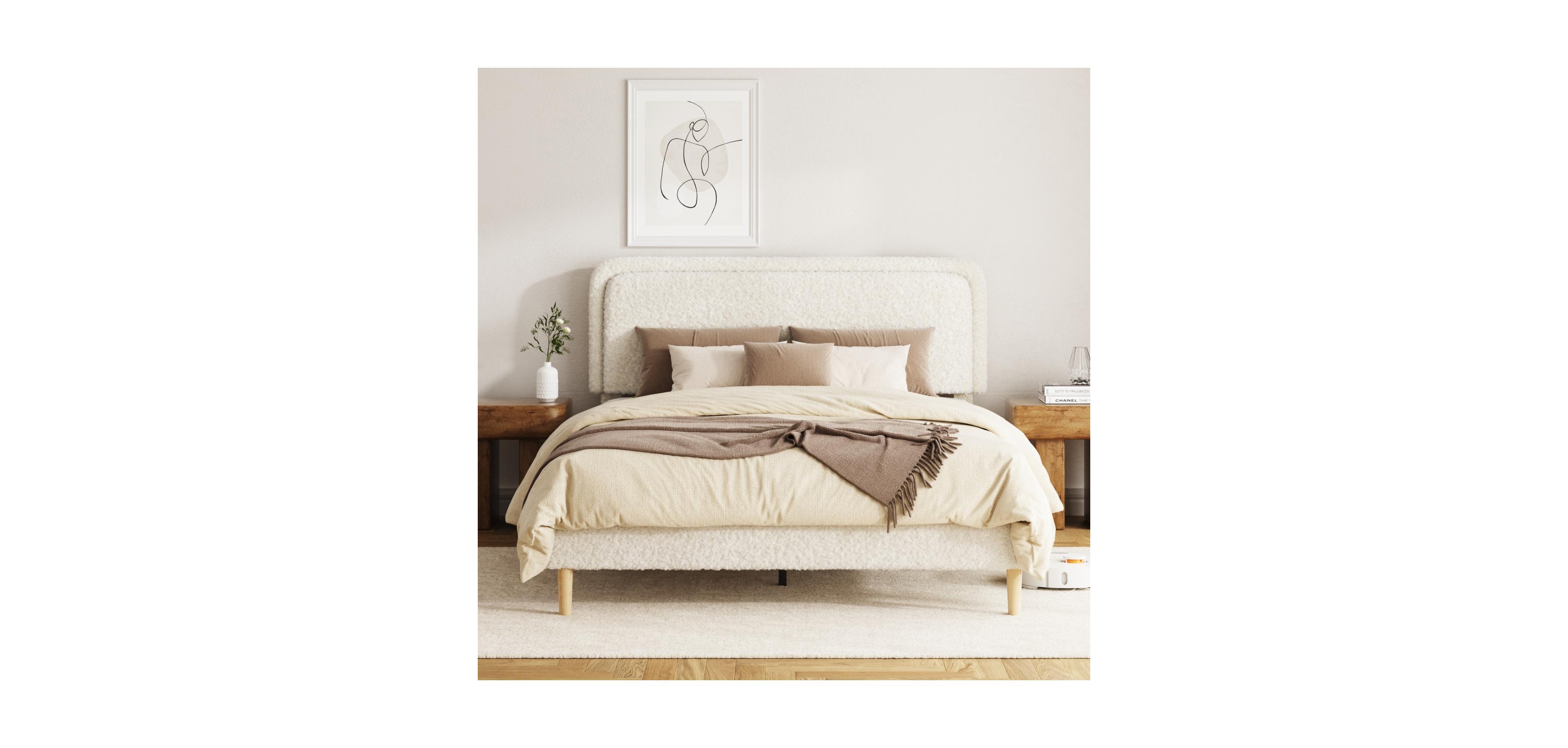 Rainsken Platform Bed Frame, with Height-Adjustable Headboard, Quiet Design, Upholstered Teddy fabric