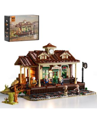 1843 PC Western Train Station Lighting Building Bricks Set Steampunk LED Light Building Set  for Adults and Teens