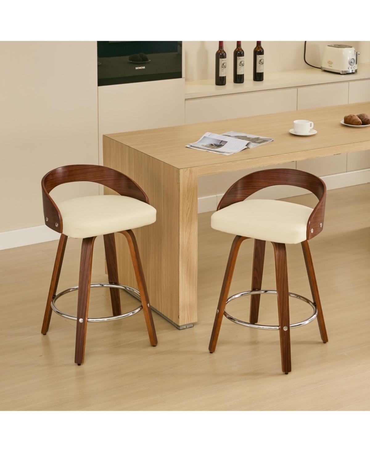 Rainsken Bar Stools Set of 2, with Pu Upholstered, 360degree(s)Swivel Mid Century Stools, 25-Inch Seat Height, for Kitchen Island, Pub, Restaurant