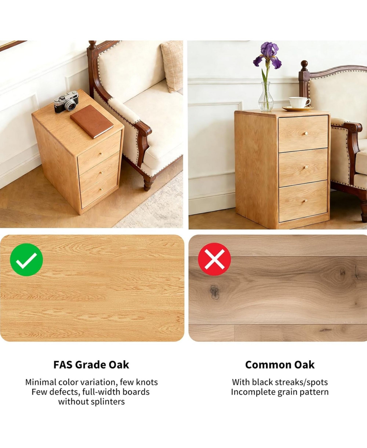 Rainsken Solid Oak Nightstand, Narrow 3-Drawer Cabinet, Freestanding Bedside Table, End Table, Storage Cabinet for Living Room, Bedroom