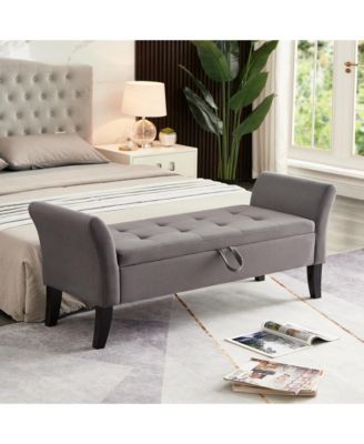 51.5 Inch Storage Ottoman Bench, Velvet Upholstered End of Bed Bench, Window Bench with Solid Wood Legs and Curved Armrests