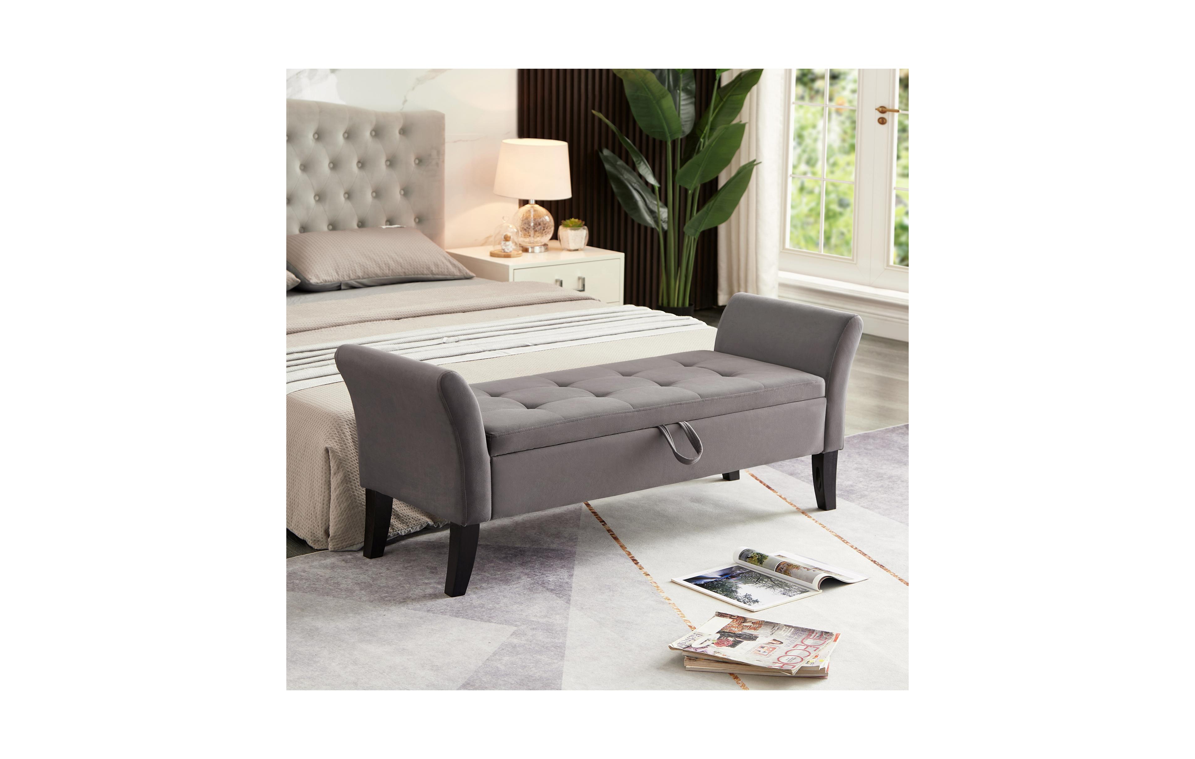Rainsken 51.5 Inch Storage Ottoman Bench, Velvet Upholstered End of Bed Bench, Window Bench with Solid Wood Legs and Curved Armrests