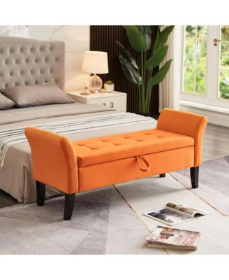51.5 Inch Storage Ottoman Bench, Velvet Upholstered End of Bed Bench, Window Bench with Solid Wood Legs and Curved Armrests for Living Room