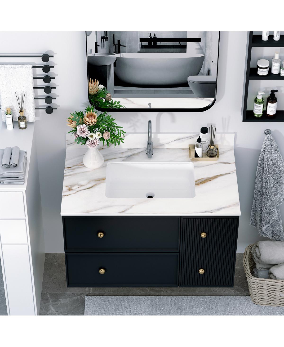 Sillysis Sintered Stone Bathroom Vanity Top with Ceramic Sink, Carrara Marble Look, 4" Backsplash, Water Stain and Scratch Resistant