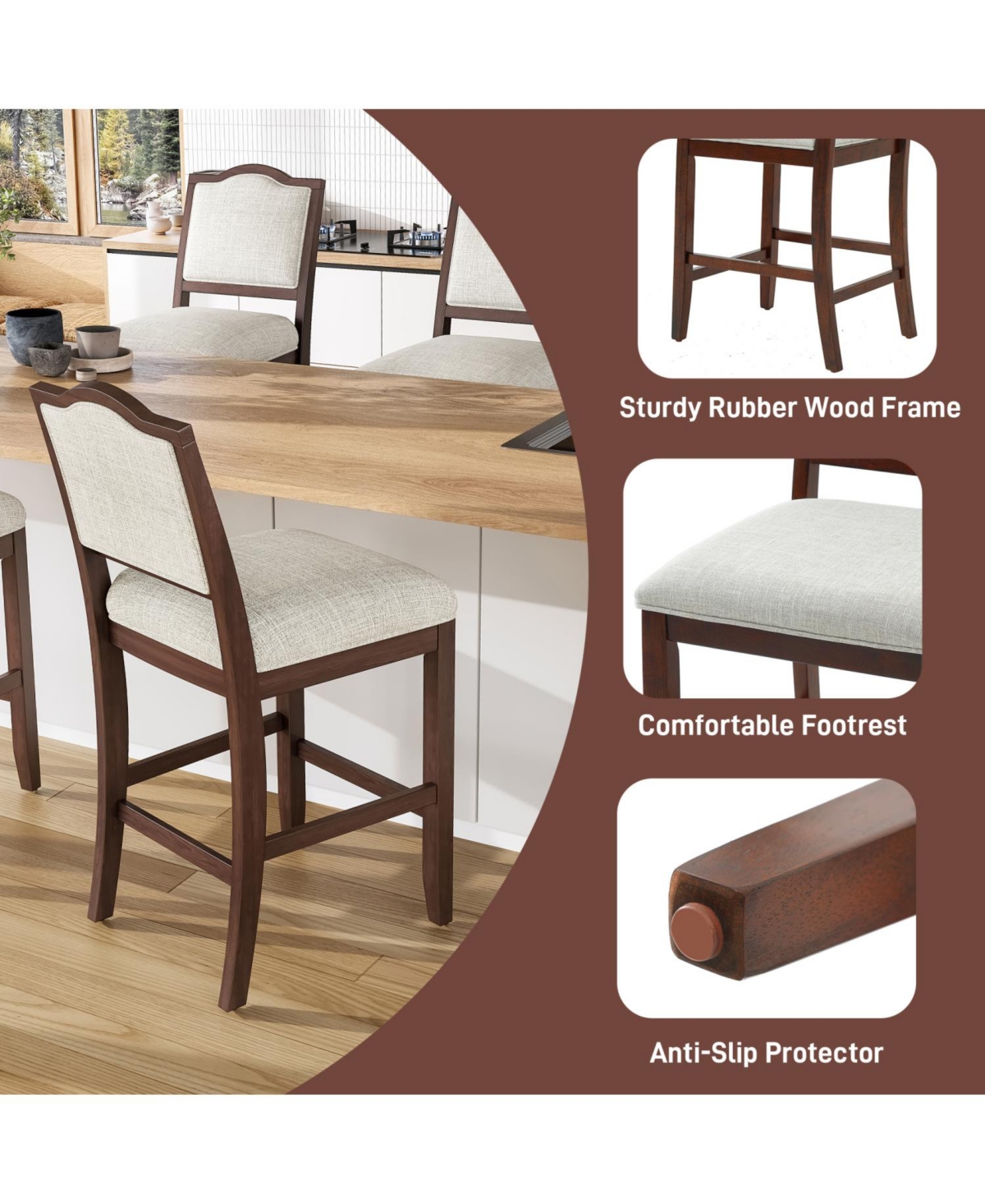 Rainsken 2-Piece Wooden Farmhouse Counter Height Dining Chairs, Rubber Wood Frame, Ergonomic Backrest, for Kitchen Island, Room