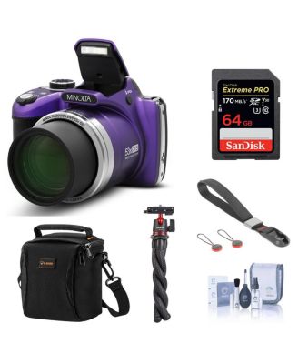MN53Z 16MP FHD Digital Camera with 53x Optical Zoom, Wi-Fi, Purple Bundle with Shoulder Bag, 64GB SD Card, Wrist Strap, Octopus Tripod,