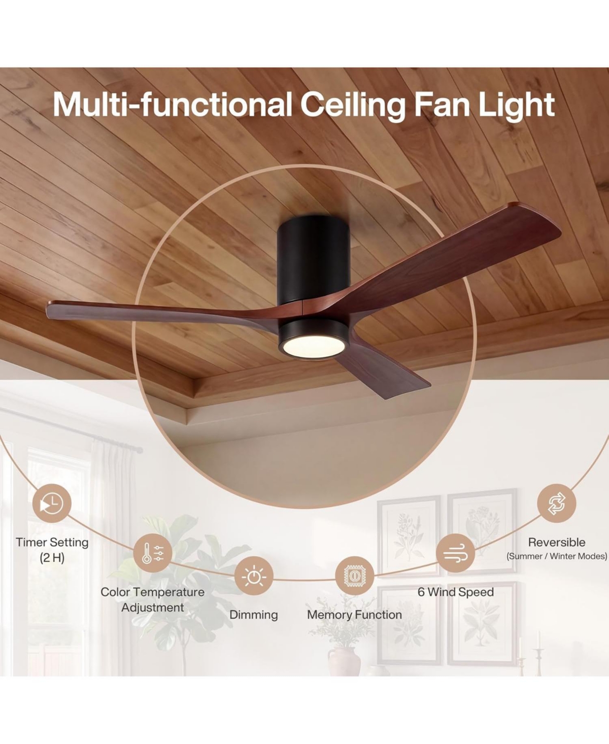 Tribesigns 52 inch Ceiling Fans with Lights, Low Profile Ceiling Fan with Remote Control, 3 Solid Wood Blades, Reversible, 3CCT, Dimmable
