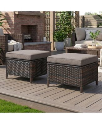 2 Pieces Outdoor Patio Ottoman, All Weather Rattan Wicker Ottoman Seat, Patio Rattan Furniture, Outdoor Footstool Footrest Seat with Cushions
