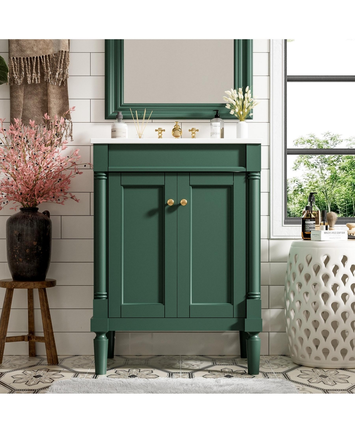 Phying 24 Inch Modern Single Sink Bathroom Vanity 2 Tier Storage Cabinet with Large Open Shelves for Home Bathroom