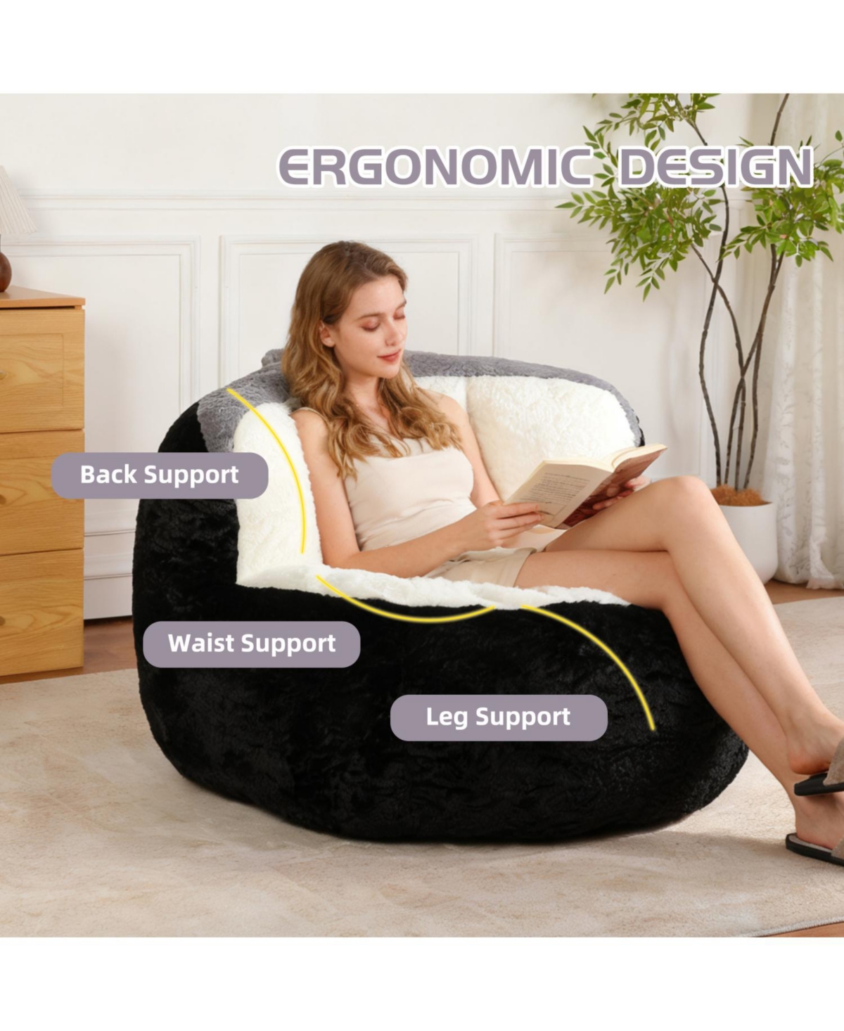 Rainsken Bean Bag Chair, Faux Fur with Filler Included, Multicolor Couch Filled, for Bedroom Living Room Reading