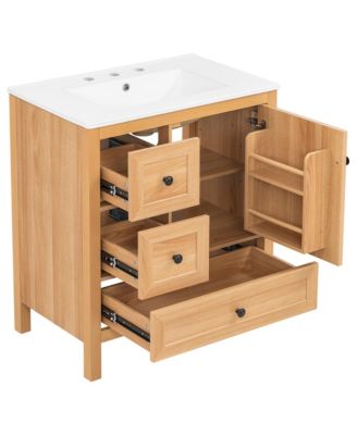 30 Inch Wood Grain Bathroom Vanity with Ceramic Sink Solid Wood Legs Adjustable Shelf Full Soft Close Drawers Door Storage Rack