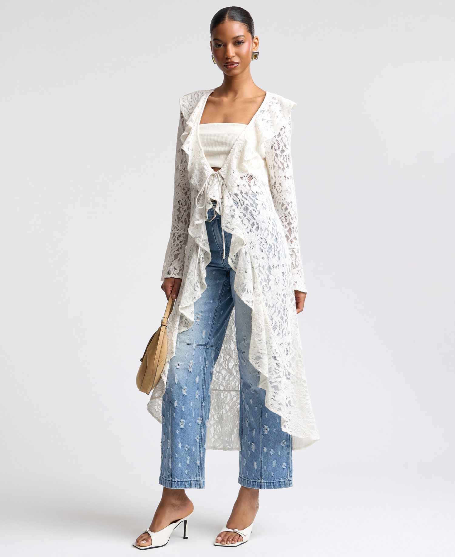 Women's Ruffle Tie-Front Lace Topper