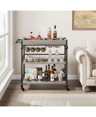 3-Tier Bar Cart with Wheels, Rolling Beverage Cart with Wine Rack and Removable Tray