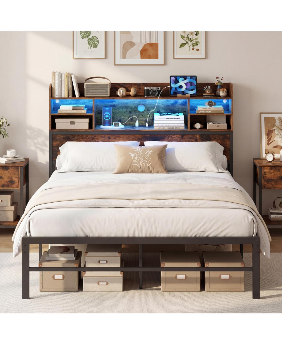 Slickblue Full Bed Frame with Led Headboard Lights and Convenient Charging Station