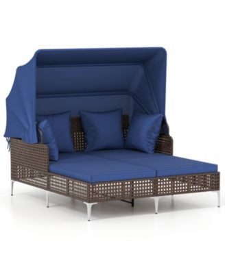 Outdoor Wicker Daybed with Retractable Canopy and Cushioned Double Seat, 60 in