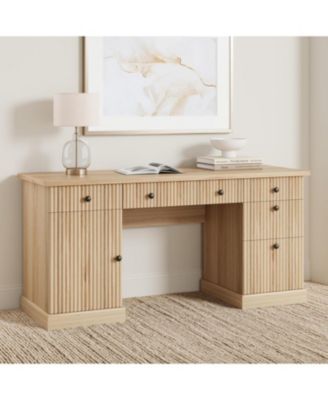 60" Fluted Modern Executive Desk with Charging Station, File Cabinet and Drawers