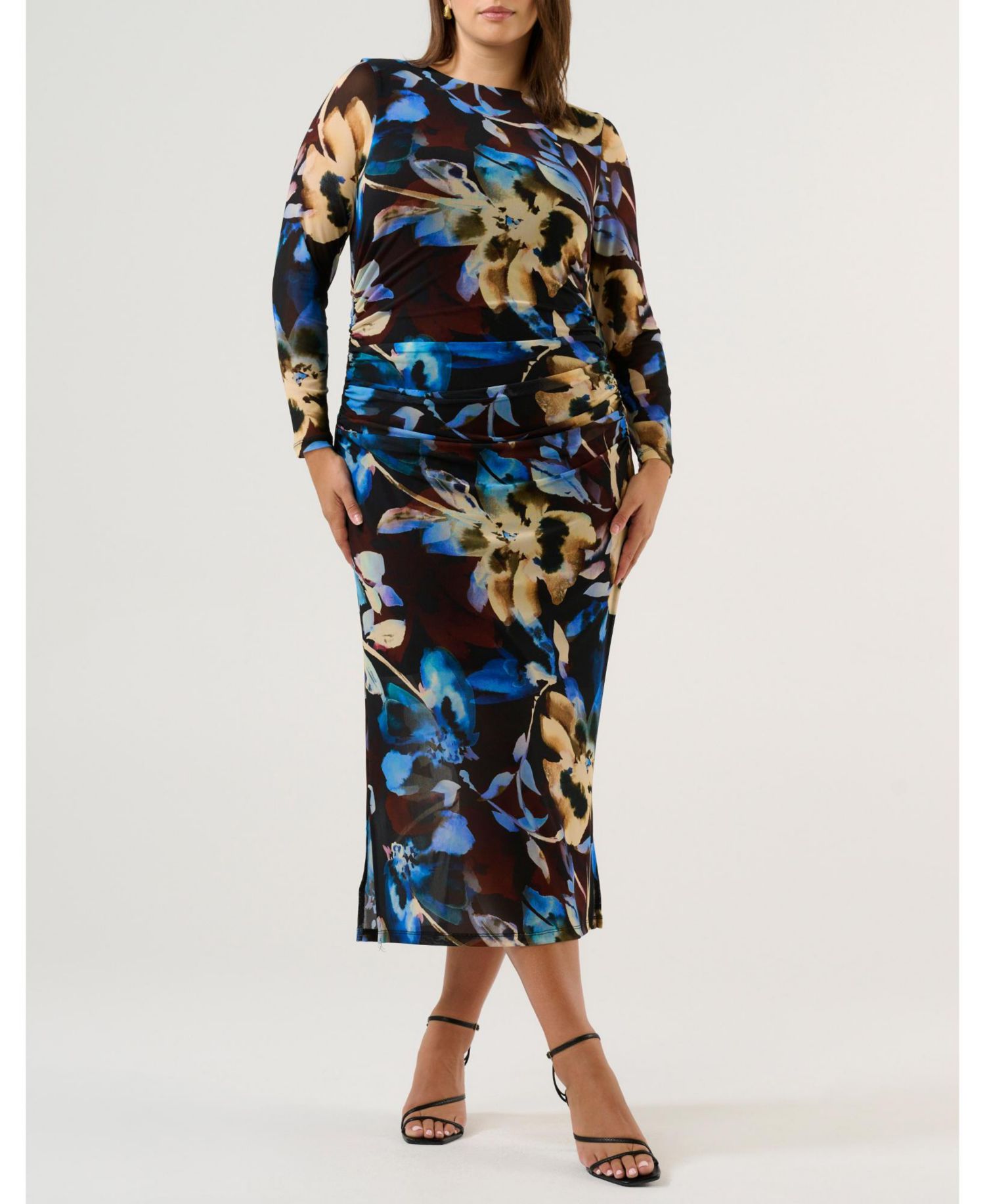 Women's Cleo Floral Mesh Ruched Bodycon Midi Dress