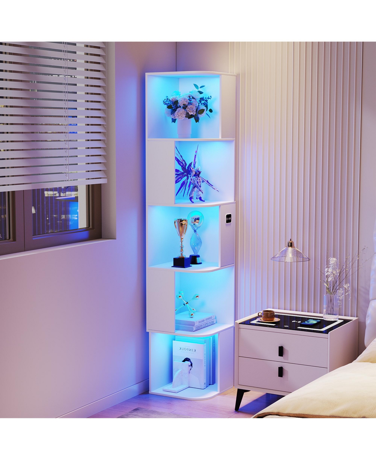 Vlsrka Freestanding Corner Bookshelf Display Cabinet with 3 Color Led Lights