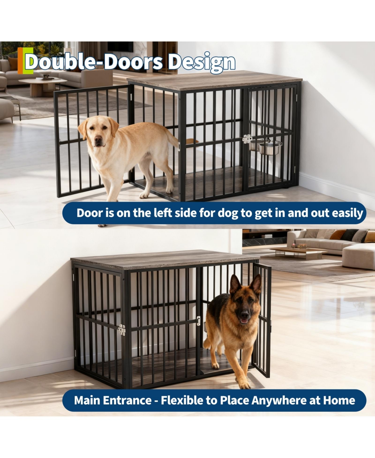 gaomon Heavy Duty Wooden Dog Crate for Medium Large Dogs Double Doors, Adjustable Bowls, Modern Indoor Kennel End Table, Pet Cage, Console