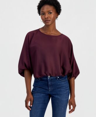 Petite Elbow-Sleeve Bubble Boat Neck Blouse