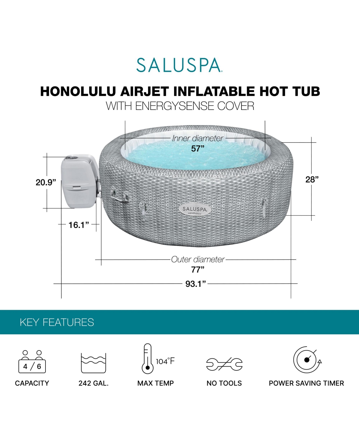 Bestway Coleman Honolulu AirJet Hot Tub with 4 SaluSpa Seat and 4 Headrest Pillows