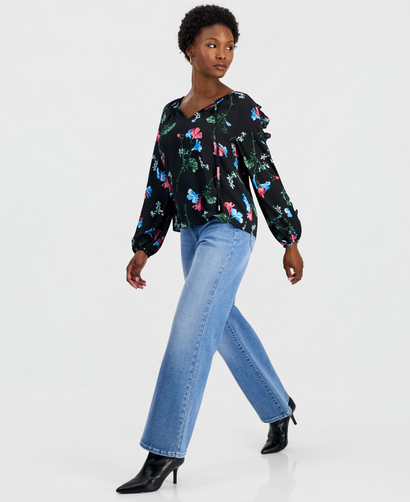 Женская блузка I.N.C. International Concepts Petite Ruffle Floral-Print Long-Sleeve Blouse, цвет: С принтом — фото 3
