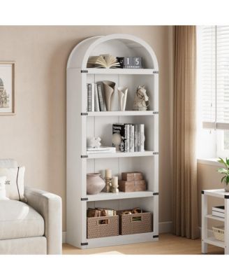 Bookcase 5 Shelf Arched Bookshelf 71.65 Inch Tall Bookcase Farmhouse Display Storage Rack Wooden Bookshelves for Home Office, Living Room