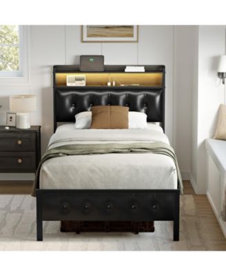 King/Twin Size Bed Frame with Storage Headboard & Charging Station Upholstered Platform Bed, Twin