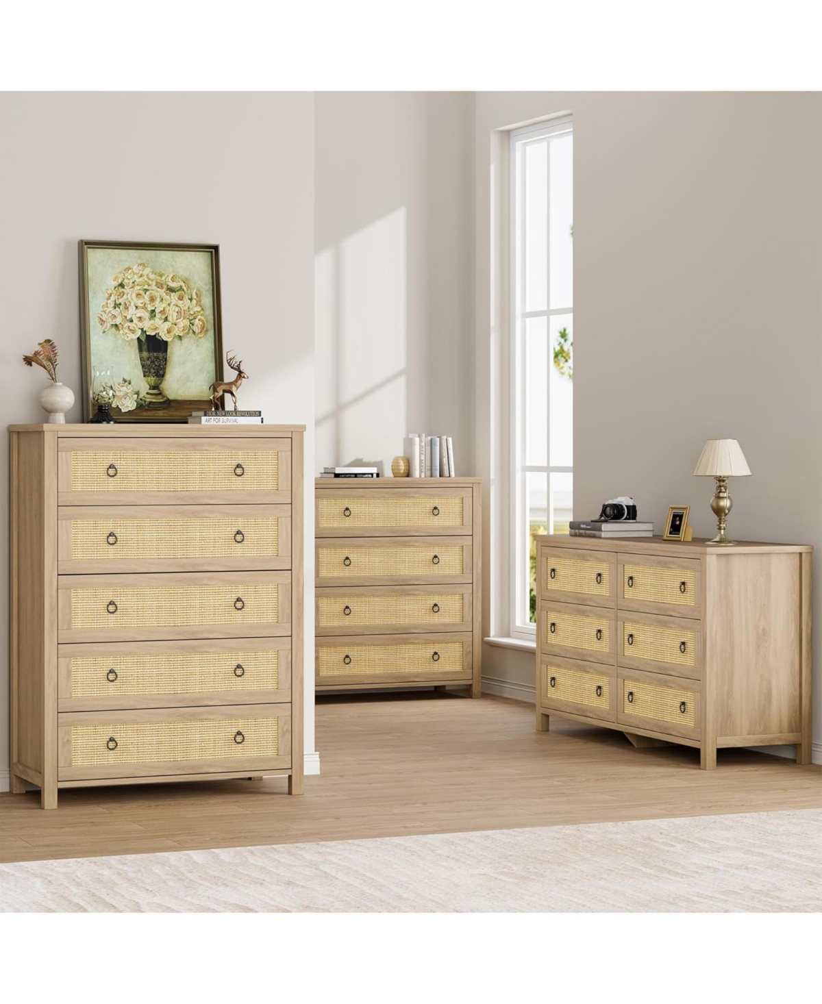 homfan 5 Drawer Tall Dresser, 45 in Rattan Dresser, Boho Chest of Drawers, Wooden Chest with Clothes Storage Cabinet