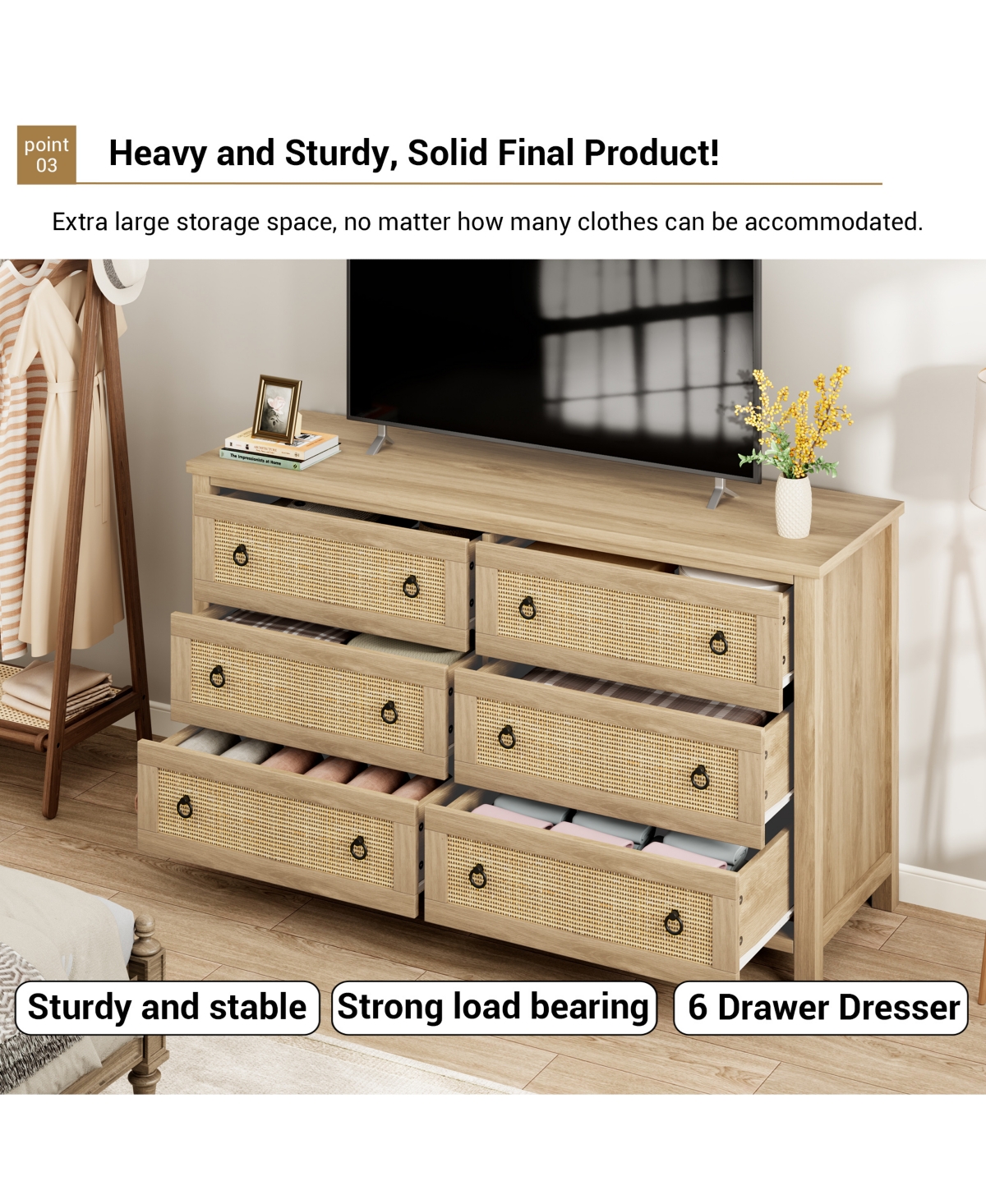 homfan 5 Drawer Tall Dresser, 45 in Rattan Dresser, Boho Chest of Drawers, Wooden Chest with Clothes Storage Cabinet